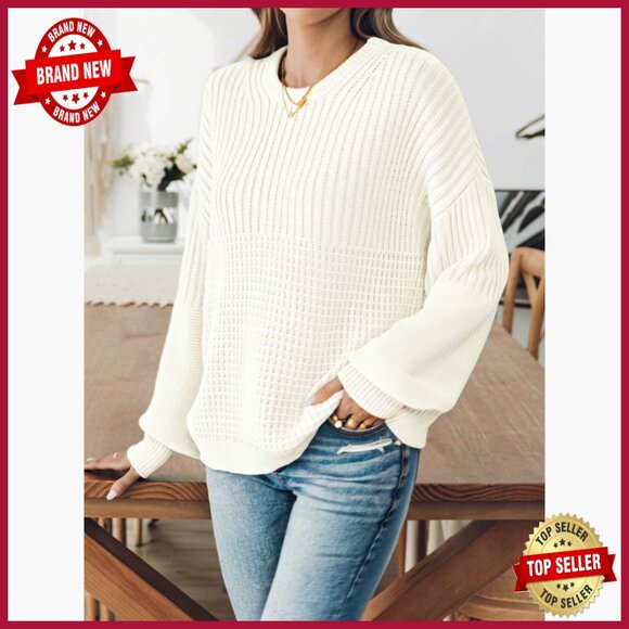 Oversized Batwing Sleeve Sweater Ribbed Waffle Knit Pullover Crewneck - Picture 7 of 7